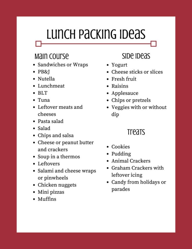 Free printable list of lunch menu ideas