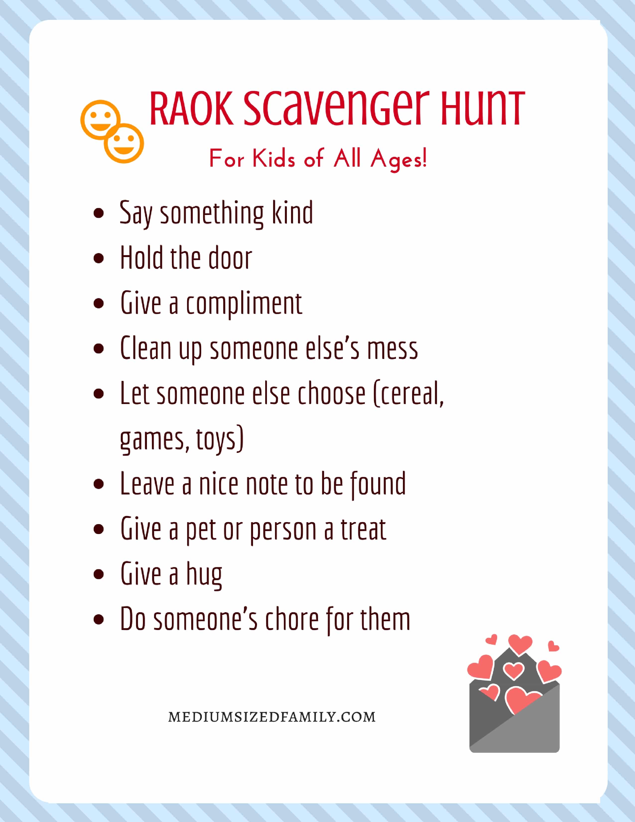 Free printable pdf with ways to show kindness.