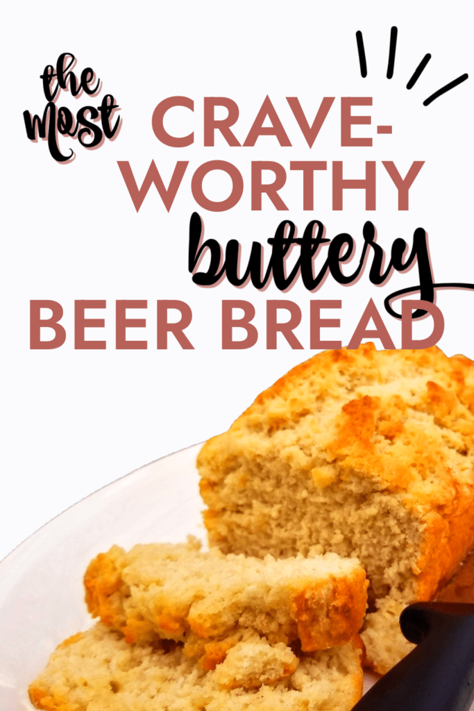 This easy homemade buttery beer bread has six simple ingredients and takes 5 minutes of effort. Easy beer bread recipe. Simple beer bread. Potluck recipe ideas. Simple homemade bread. Easy homemade bread. No yeast breads.