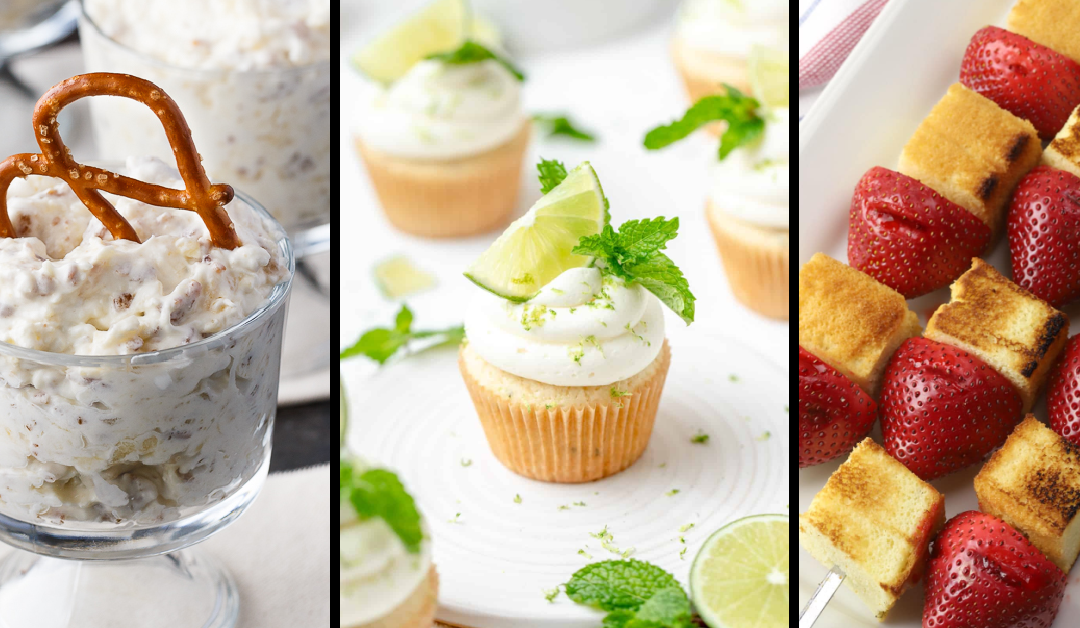 Mouthwatering Summer Dessert Ideas including cupcakes, pretzel cups, and strawberry kabobs